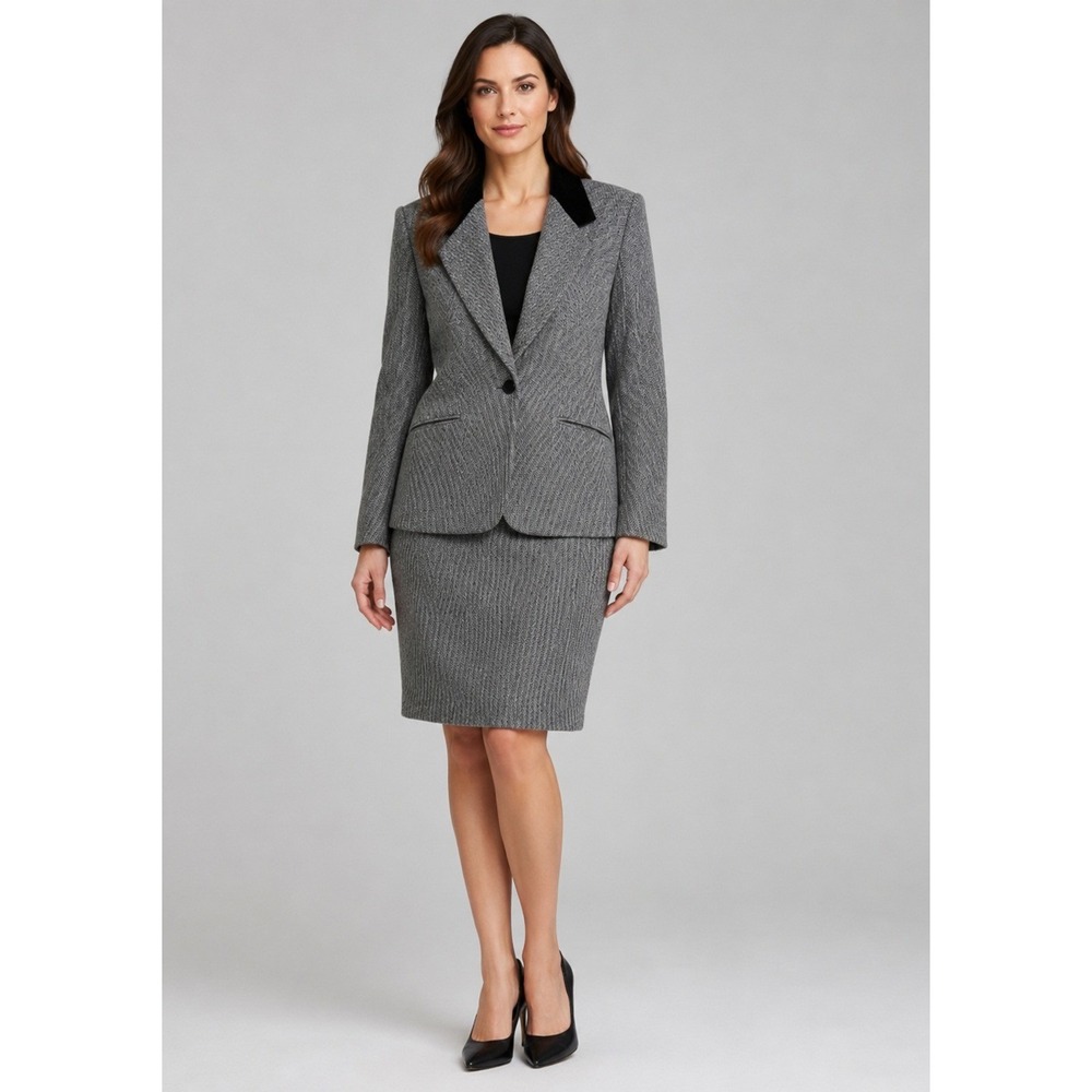 Vintage Evan Picone Houndstooth Skirt Suit Set Black Velvet Collar Womens 10 USA